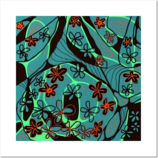 Mazipoodles Floral Neuro Art - Teal Green Orange Black Posters and Art